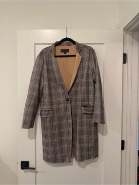 Blank NYC Gray Plaid Single-Button Trench Coat with Camel Lining